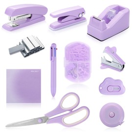 Purple Desk Accessory Kit Cute Office Supplies Set Desktop Stapler Set Includes Staple Remover Hole Punch Tape Dispenser Ballpoint Pen Scissor Mini Box Cutter Tape Measure Paper Clips Sticky Notes