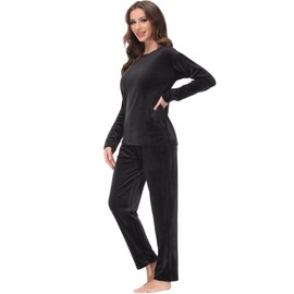 COZZIPLUS Women Velour Lounge Set 2 Piece Velvet Pajama Set Sweatsuit Crew Neck Sweatshirt and Elastic Waist Sweatpant(Black,XL)