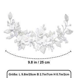 Huotflame Braut Haarschmuck Silber - Handgemachter Hochzeits Haarschmuck mit Blume und Blatt, Flexible Haarranke mit Perlendraht - Elegant für Brautfrisur, Hochzeit, Kommunion, Mädchen und Frauen