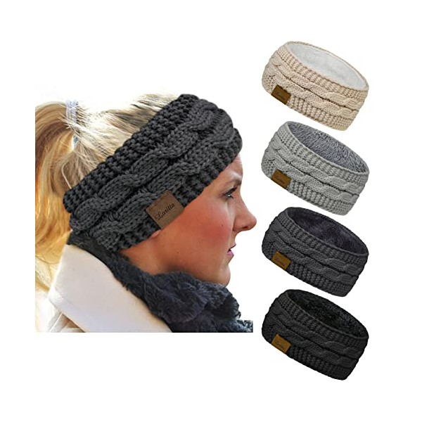 Loritta 4 Pack Womens Winter Headbands Fuzzy Fleece Lined Ear Warmer Cable Knit Thick Warm Crochet Headband Gifts,Multi A