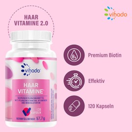 Vihado Hair Vitamins 2.0 for Hair Growth and Healthy Hair + Scalp with Biotin High Dose, 14 Active Ingredients All in One, 120 Capsules