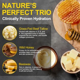 Tallow and Honey Balm for Face - Beef Tallow for Skin - 100% Organic Grass-Fed Beef Tallow & Raw Wild Honey -Moisturizing Cream for Soft, Smooth Skin- Light Scent, Moisturizing Natural Formula, 4.0 Oz