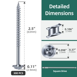 EASTPUK #8 Pocket Hole Screws 2-1/2 Inch, 300Pcs #8 x 2-1/2 Anti-Rust Zinc Plated Pocket Screws, Self-Tapping Tip Square Drive Wood Screw for Furniture with 150mm Drill Bit