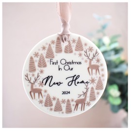 First Christmas In Our New Home 2024 Hanging Decoration. Nordic Scandi Modern Wreath Homebuyer, Homeowner, Closing Gift. White Ceramic Ornament. Xmas Tree Keepsake Bauble