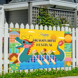 Printspree Happy Dragon Boat Festival Banner, 70.8x43.3 Inch, Polyester, Yellow Design with Dragon Boat, Zongzi, and Traditional Chinese Patterns