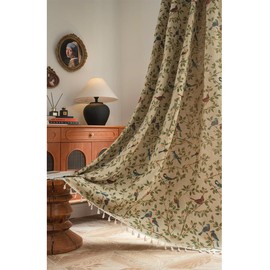 Tokusyou Country House Style Curtains, Opaque Beige Vintage Curtains, Linen Look, Jacquard Birds Leaves, Cotton Boho Curtain with Tassel, Rod Pocket for Living Room, Kitchen, Set of 1, W 150 x H 220