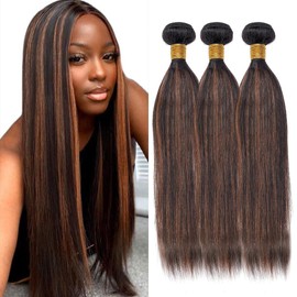 Dokksiiia Highlight Light Brown Bundles Human Hair P1B/30 1B and Light Brown Mix Straight Bundles Double Weft Brazilian Human Hair Sew-In Extensions Soft & Thick 18 20 22 Inch
