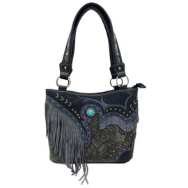 Zelris Women Tote Handbag Wallet Set Turquoise Concho Suede Fringe Two Tone Cowgirl Concealed Carry Purse (Black Silver)