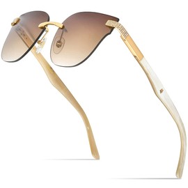 HEPIDEM 100% Really Buffalo Horn Handmade Sun Glasses,Square Rimless Luxury Buffs Sunglasses With Diamonds (0027 White Frame Tea Lens)