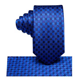 Hi-Tie - Corbata de seda para niños, 8 a 14 unidades, para niños, azul, rojo, verde, corbata y bolsillo cuadrado para boda, Azul, Regular