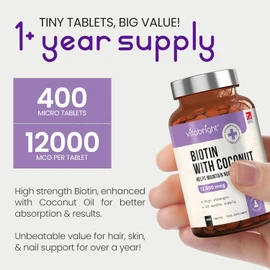 VitaBright Biotin Hair Growth Vitamins | 12000mcg | 400 D-Biotin Tablets with Coconut | Vegan Hair Vitamins for Women and Men | High Strength | Vitamin B7