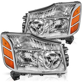Bingbingmotor Headlight Assembly Compatible with 2004-2015 Nissan Titan / 2005-2007 Armada Left and Right Side Chrome Housing with Amber Reflector Headlamps