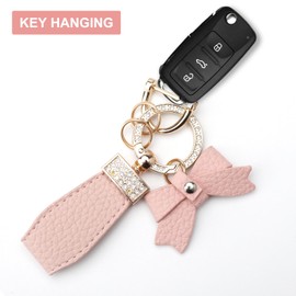 APOMOONS Pack of 2 Leather Key Fobs with Bow, Gold Bag Pendant Women with Anti-Loss D Buckle, PU Leather Car Key Fob Bow, Glittering Bag Charms, Pink, White, White-pink-gold