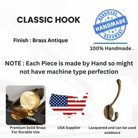 STYLENT Decor (Pack of 5) Soild Brass Wall Hooks for Hanging, Antique Brass Coat Hooks Wall Mounted, Hooks for Living Room, Bathroom, Kitchen, Bedroom for Coat, Bag, Scarf, Towel, Hat, Key