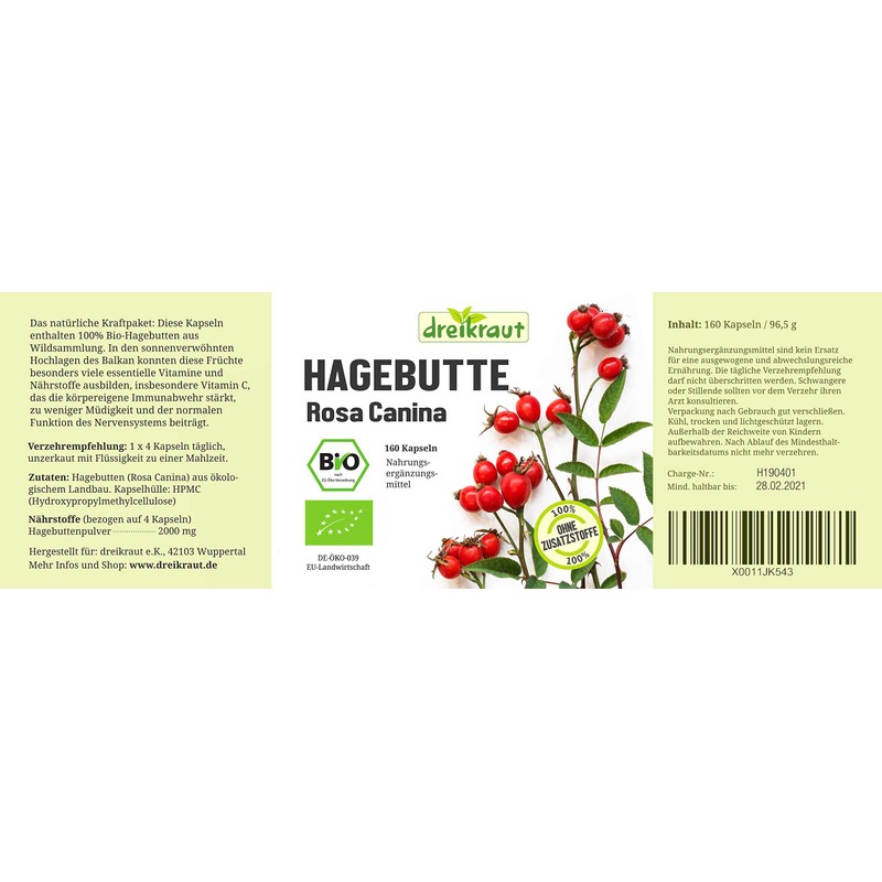 dreikraut, organic rose hip capsules, 160 pieces, without additives, laboratory-tested,
