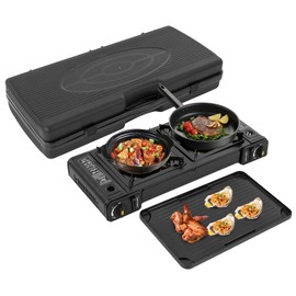 2-Burner Portable Camping Stove, Butane Camping Stove with Non-sticking Grill Tray, Outdoor Travel Camp Stove for Camping, BBQ, Home