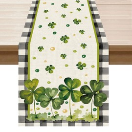 BOTB LIHM St. Patrick's Day Plaid Watercolor Green Shamrocks Clovers Table Runner Burlap Table Decoration for Home Kitchen Dining Dinner Indoor Holiday Farmhouse Decor 13x120 Inch