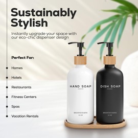 Luxury Glass Hand and Dish Soap Dispenser Set by Brighter Barns - Kitchen Soap Dispenser Set with Tray - Bamboo Pump Bottle for Kitchen Sink - Boho Home Decor, Modern Decor in Restaurant (Black/White)