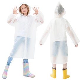 Pack of 2 Children's Rain Poncho, Reusable Transparent Raincoat, Breathable Waterproof Raincoat for Travel, Hiking, Cycling & Camping (White), White