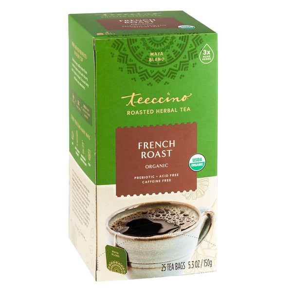 Teeccino Herbal Tea – French Roast – Roasted Chicory, Prebiotic, Caffeine Free, Acid Free, Coffee Alternative, 25 Tea Bags