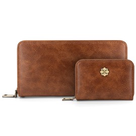 XINNSTAR 2 Pcs Wallets for Women RFID Blocking Bifold Credit Card Holder, Genuine Leather Compact Small Slim Wallet Large Capacity Cash Coin Purse Set with ID Window