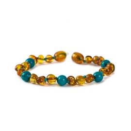 Baby J's - Cognac and Turquoise Coloured Bracelet/Anklet - Premium Amber Bracelet - Handcrafted with 100% Baltic Amber - Fitted with a Safety Screw Clasp - Knotted to Prevent Scattering - 14cm