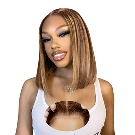 EAGERA Blonde Highlight Glueless Bob Human Hair Wigs 9x6 HD Closure Lace Ombre Human Hair Wigs Pre Plucked Pre Cut 14Inch 4/27 Bob Glueless Wig Brown and Blonde Wear and Go Wig 220% Density