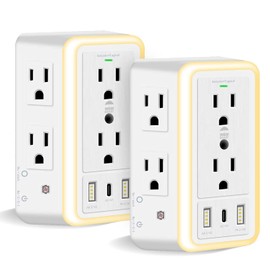 WBM SMART Multi Plug Outlet, Surge Protector, 6-Outlet Extender with 2 USB Charging Ports, USB-C & Night Light, 3-Sided Power Strip with Adapter Spaced Outlets - 2 Count, White