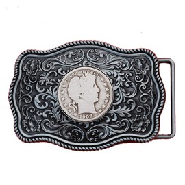 US 1908 Barber Half Dollar 90% Silver Coin Silver Belt Buckle NEW - Beautiful Western Scroll Design