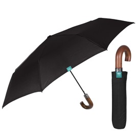 PERLETTI Black Men's Automatic Umbrella with Pattern - Windproof Pocket Umbrella Tartan with Handle - Men's Umbrella Lightweight Storm Resistant Windproof - Diameter 96 cm, Curved wooden handle