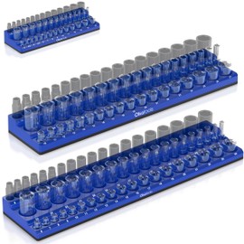 Olsa Tools 3-Row Magnetic Socket Organizer - Patented 3pc Socket Holder Kit - 1/2-Inch, 3/8-Inch, & 1/4-Inch Drive - Socket Organizers For Toolboxes - Blue - Holds 141 - Part 1562