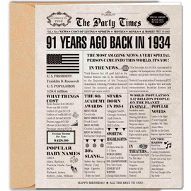 DUGUTUL Vintage 91st Birthday Card, 91 Birthday Decoration, Happy 91st, Nostalgic Birthday Card for 91 Years Old Men Women, Retro 91st Birthday Party Decoration, Envelope Included