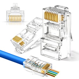 MONK CABLES | Heavy-Duty RJ45 Connectors | CAT6 | Pass-Through | 100 Pack | 30µ Thick Gold-Plating | Precise 3-Point Type Contacts
