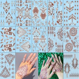Xmasir 12 Sheets Two-Colors Henna Tattoo Stickers, Waterproof Temporary Tattoo Stencil Sets Indian Arabian Temporary Tattoo Templates Kit for Body Art Paint (Bicolor)