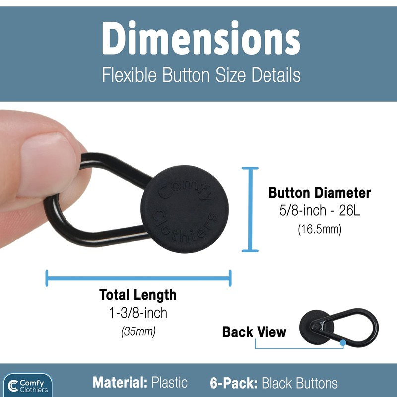 Comfy Clothiers Flexible Button Waist Extenders (6-Pack Black) - Adds