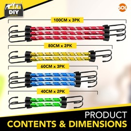SOL 10pk Bungee Cords with Hooks - Long Adjustable Bungee Straps for Securing Loads and Bundling Items - Durable Bungees for Camping, Luggage, and Storage