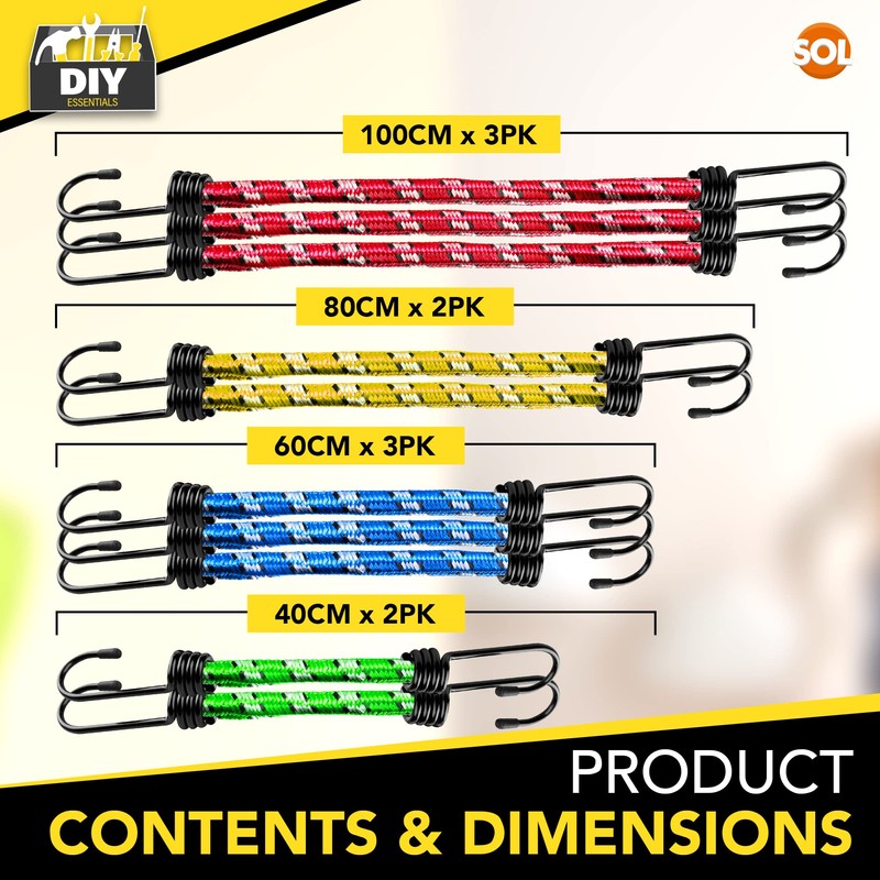 SOL 10pk Bungee Cords with Hooks - Long Adjustable Bungee