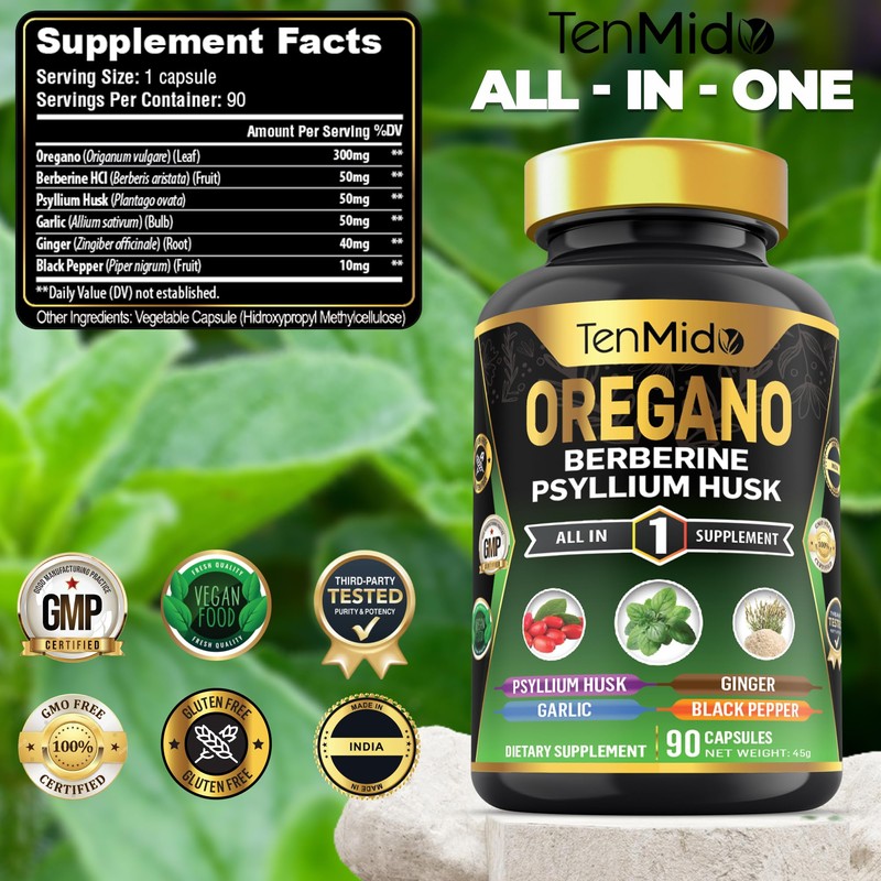 Tenmido Oregano Supplements - 6in1 with Berberine, Psyllium Husk, Garlic,