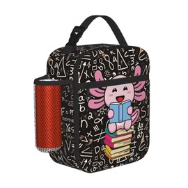 Axolotl With Pile Books Insulated Lunch Bag, Leakproof Portable Box For Boys Girls, Large Capacity Cooler Bag With Handle And Bottle Pocket For Kids Teens Adults Office Camping School Hiking Outdoor