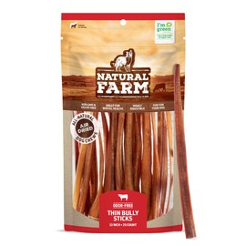 Natural Farm Odor-Free Thin Bully Sticks (12”, 25-Pack) All-Natural Long-Lasting Dog Chews, 100% Beef Pizzle, Grass-Fed, Grain-Free, Protein for Muscle Development & Energy, Perfect for Large Dogs