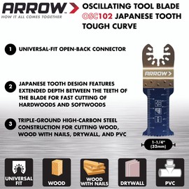 Arrow OSC102-1 Tough Curve Oscillating Tool Blade for Hardwood, Wood, PVC, Drywall, Universal, Fits Most Multitools, 1-¼ Inch