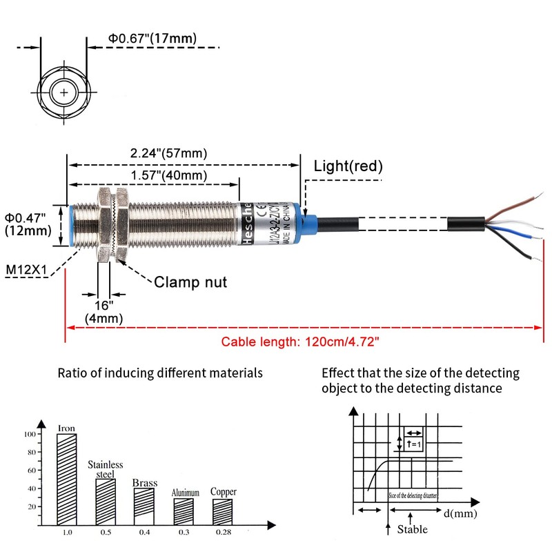 Heschen M12 Inductive Proximity Sensor Switch, Shield Type, LJ12A3-2-Z/CY, Detector
