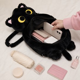 Black Cat Plush Backpack for Everyday Carry – Big-Eye Kawaii Stuffed Animal Bag for School, Travel & Casual Outings