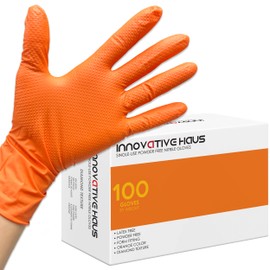 INNOVATIVE HAUS Heavy Duty Nitrile Gloves. Orange 8 Mil. Shop Gloves Mechanic Disposable. Mechanic Rubber Gloves Disposable. Large. Pack of 100