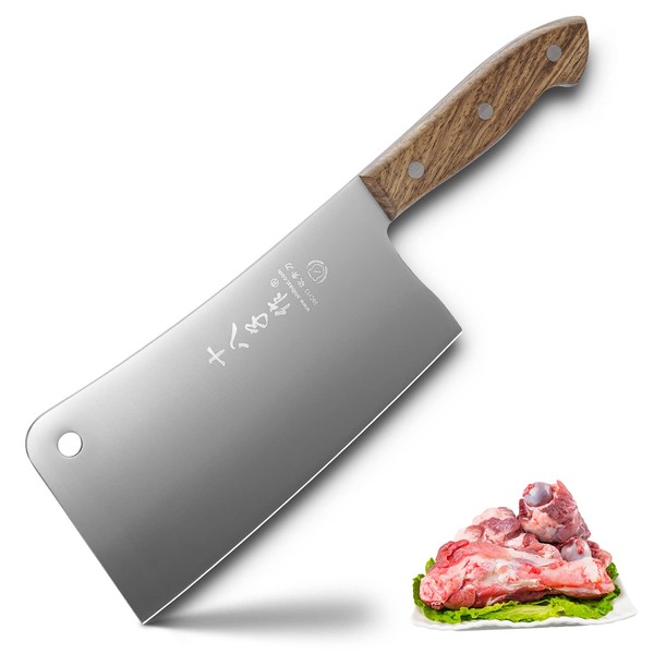 SHI BA ZI ZUO Chinese Meat Cleaver Heavy Duty Bone Chopper Chef Knife 7 Inch 30CR Stainless Steel Full Tang Wooden Handle