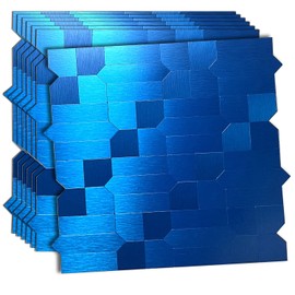 XUANINY 7-Sheet Peel and Stick Metal Backsplash Tiles, Self Adhesive Multiple-Shapes Aluminum Mosaic 3D Wall Sticker for Kitchen Bathroom Decor (7, Brushed Blue)