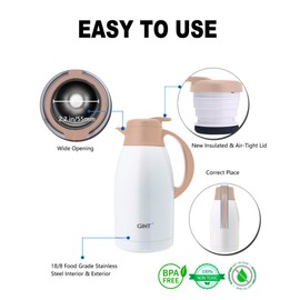GiNT Stainless Steel Thermal Coffee Carafe, Double Walled Vacuum Thermal Carafe, Water and Beverage Dispenser,12 Hour Heat Retention，65 OZ /1.9 Liter White