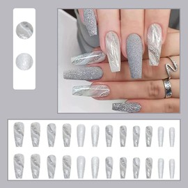 Set of 24 Nail Tips, Gray-White, Marble, Flash Long, Adult and Women's Nails