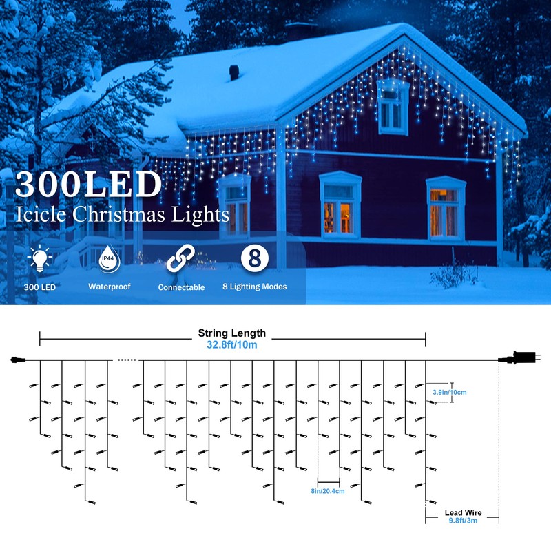 oopswow Icicle Lights Outdoor Decorations 300 LED 33ft 8 Modes