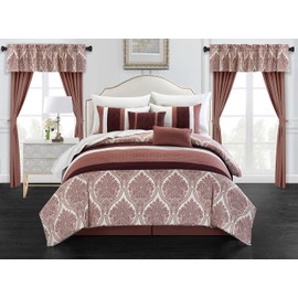 Chic Home CS7976-AN Vivaldi 20 Piece Comforter Set Medallion Quilted Embroidered Design Complete Bed In A Bag Bedding – Sheets Decorative Pillows Shams Window Treatments Curtains Included, , King, Brick